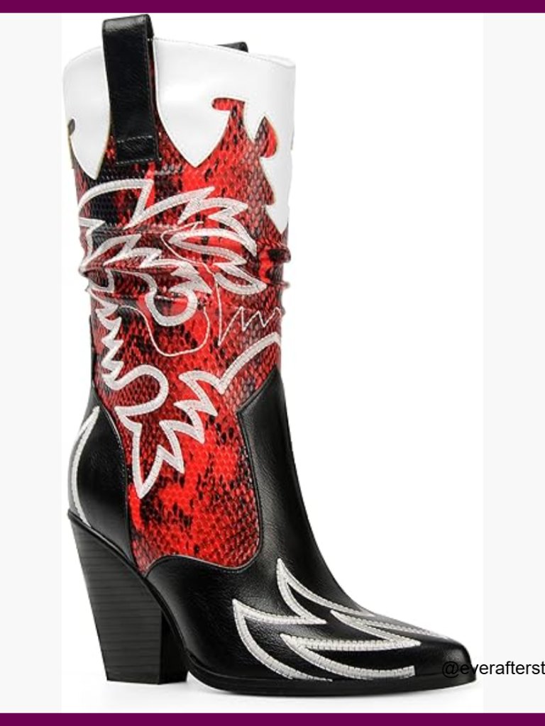 Faux Leather Cowboy Boots With Embroidery Chunky Heel Pointed Toe